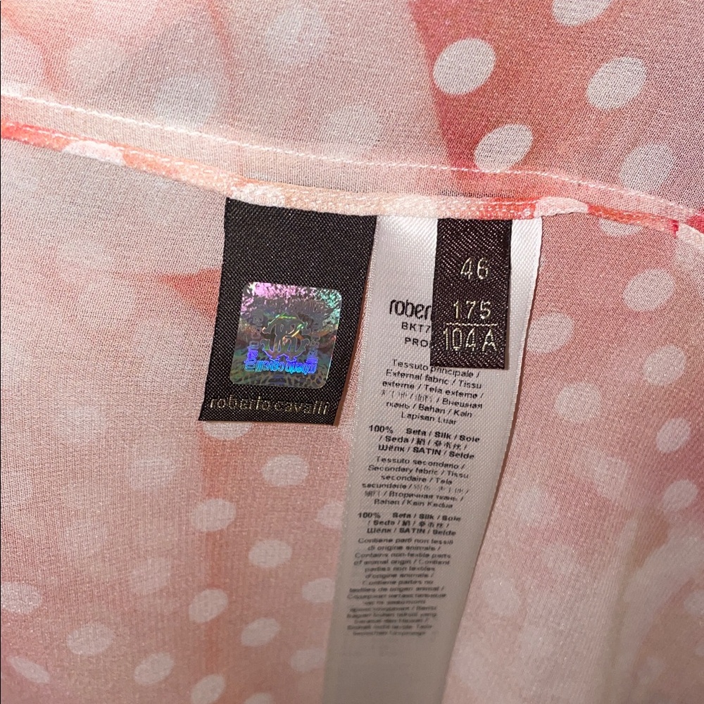 Roberto Cavalli silk Peach Polka Dot ,and rose print Sheer Tunic with Black Trim - Picture 10 of 10